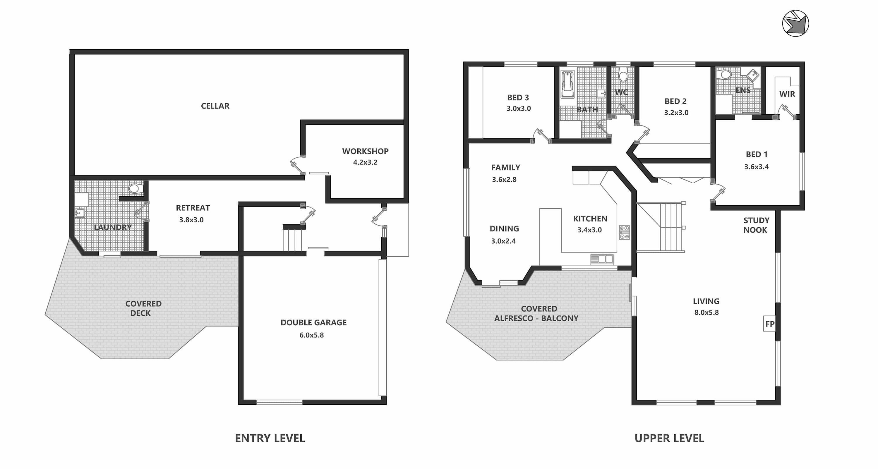 Plantegning af en toetagers lejlighed med en overdækket terrasse, dobbeltgarage, vaskerum og et arbejdsrum.