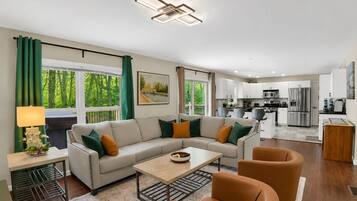 Smart TV, fireplace, books, stereo