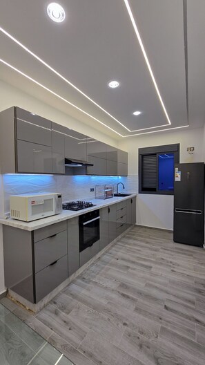 A modern kitchen with grey cabinets, a microwave, stove, and a black refrigerator.