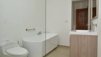 Shower, hair dryer, towels, toilet paper