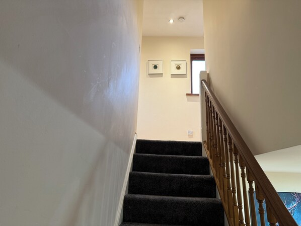 A staircase with a wooden handrail leading to a landing with two framed pictures on the wall.