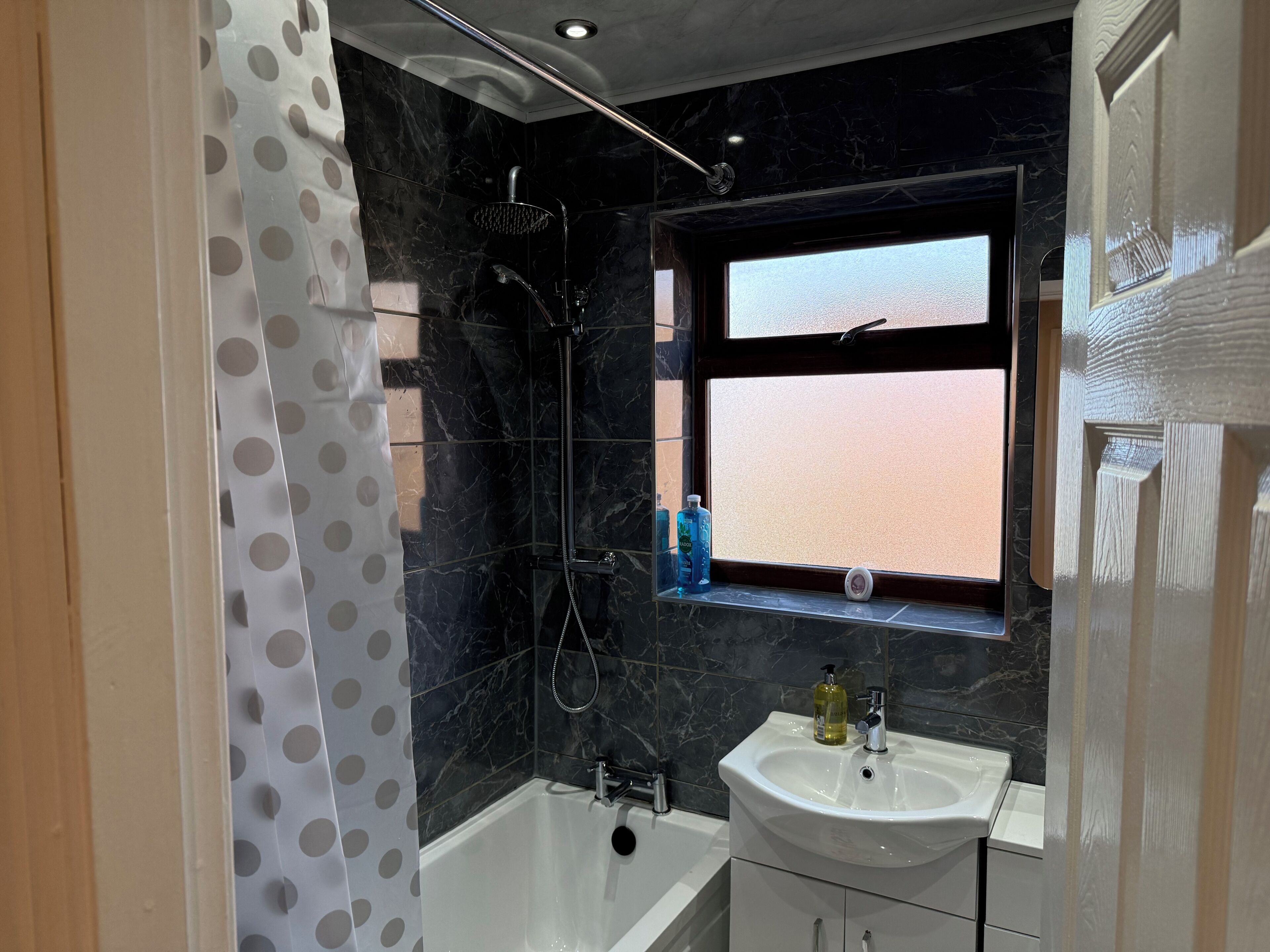 Hair dryer, towels, soap, toilet paper