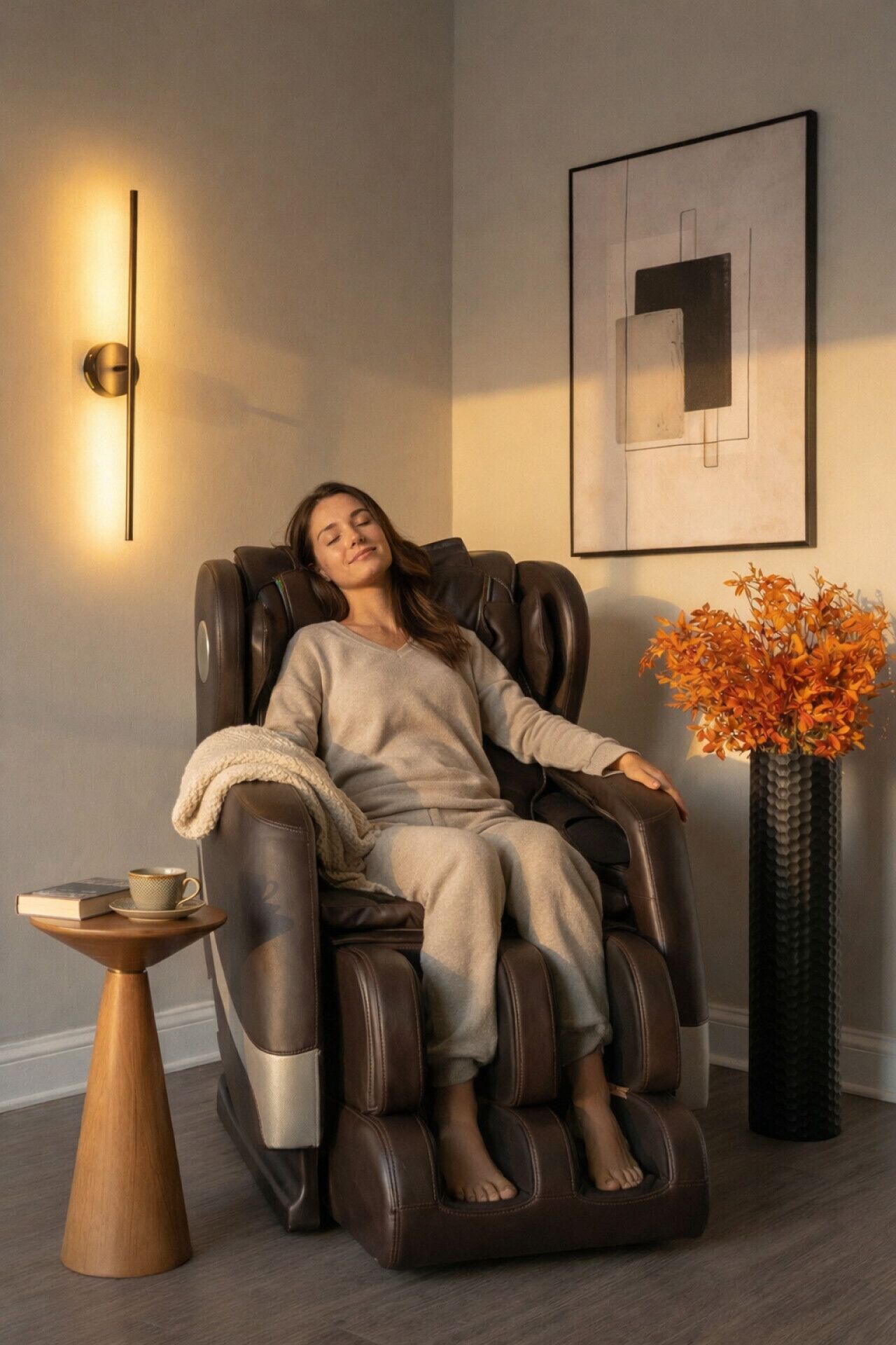 Ein Massagesessel in einem Raum mit Wandlampe, einem gerahmten abstrakten Gemälde und einer Vase mit orangefarbenen Blumen.