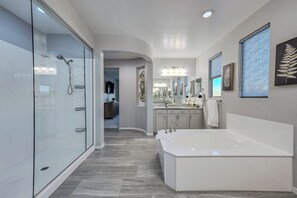 Hair dryer, towels, soap, shampoo