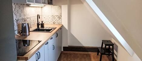 Réfrigérateur, micro-ondes, batterie de cuisine, vaisselle et ustensiles