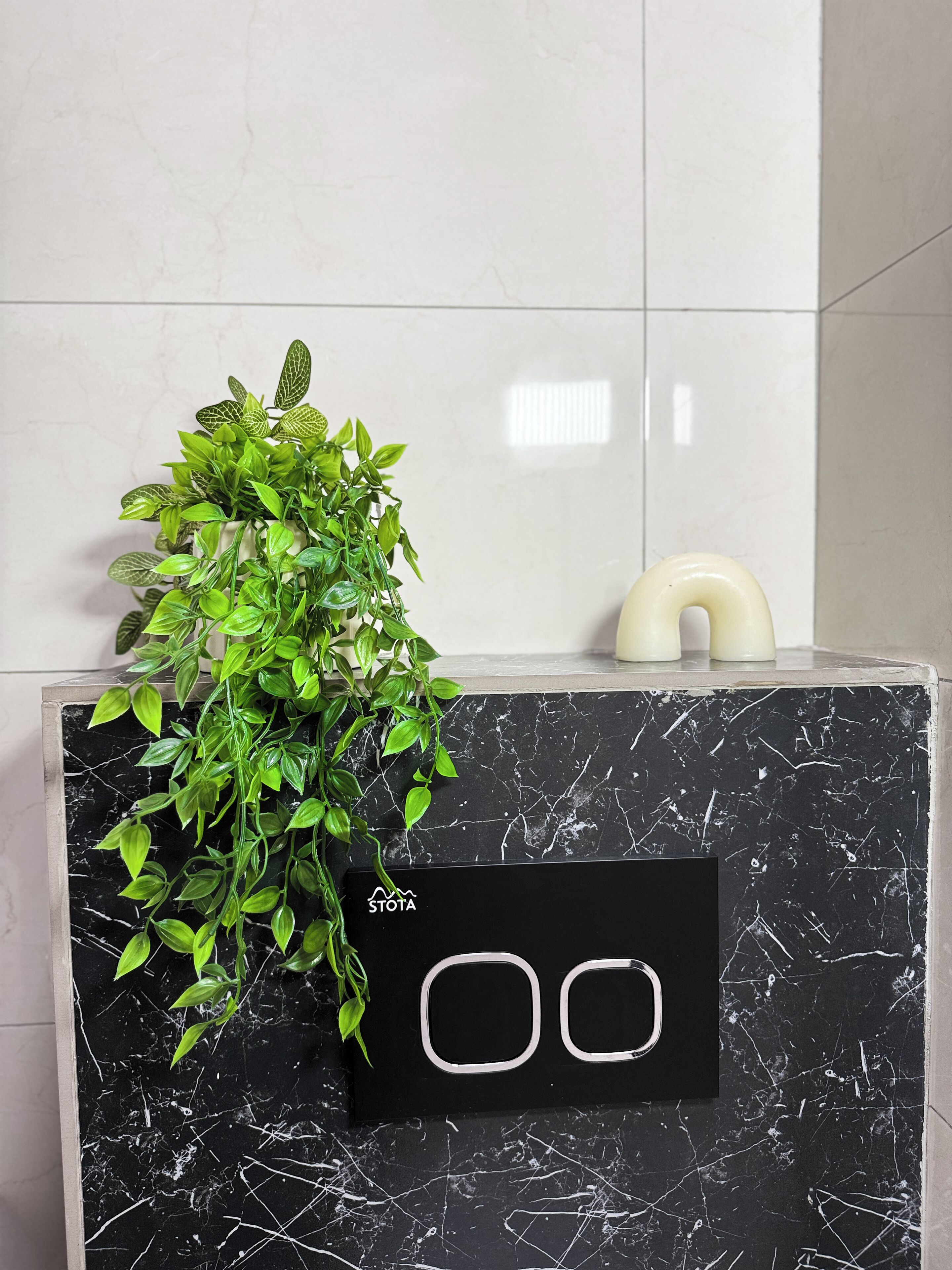 A bathroom with a black marble sink, a green plant, and a white soap dispenser.