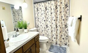 Ein Badezimmer mit weißem Waschbecken, Toilette, einer Duschkabine mit Blumenmuster, einem Spiegel und einem Blumentopf.