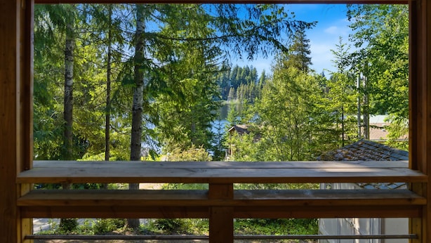 Ein Holzrahmenfenster mit Blick auf einen Wald und ein Haus im Hintergrund.