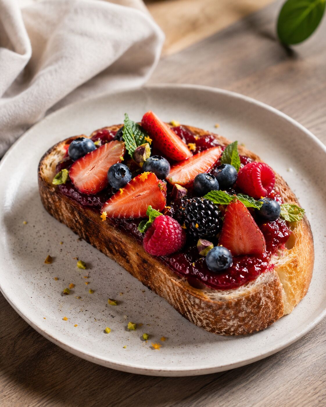 Una tostada con fruta sobre un plato.