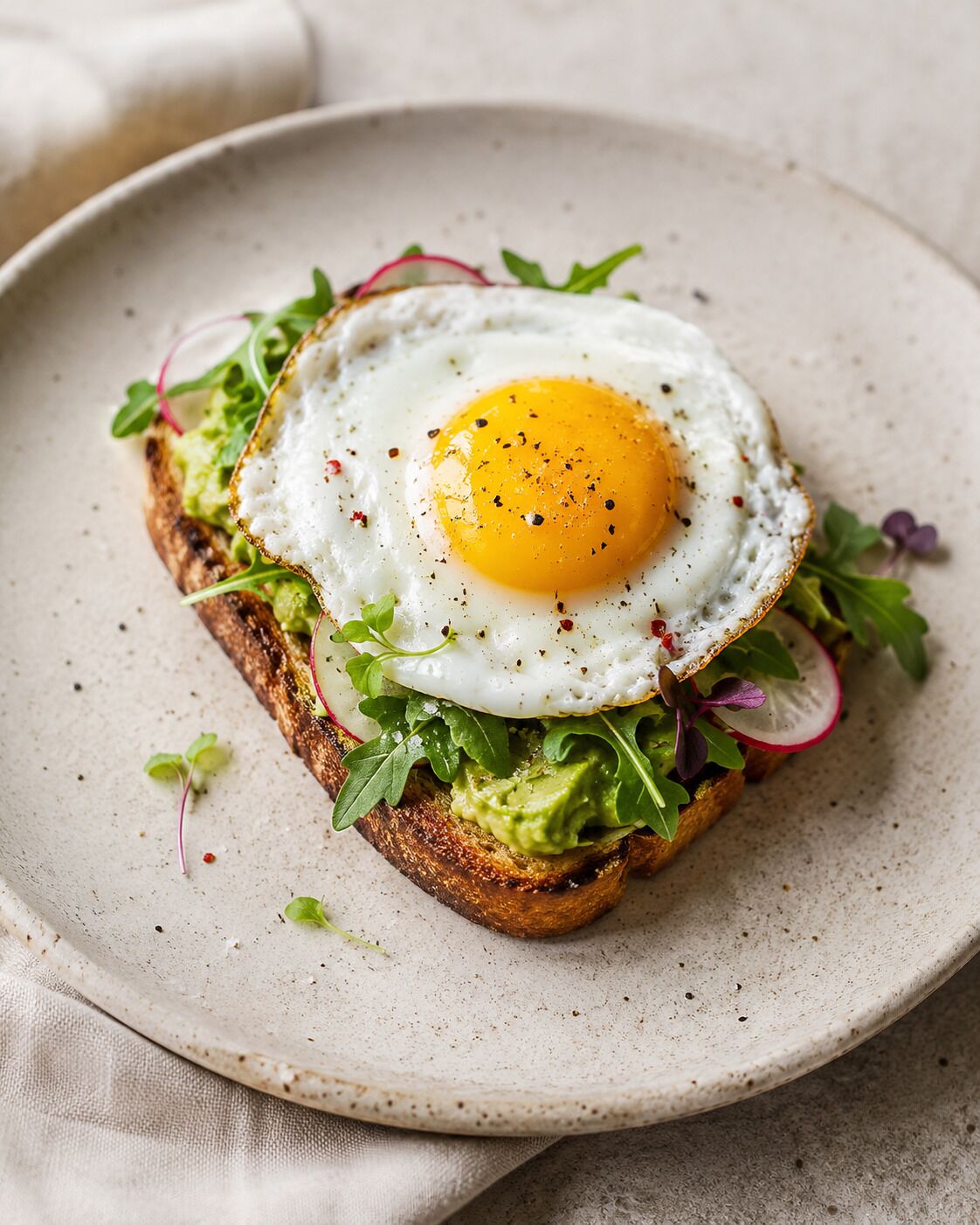 Ein Teller mit Spiegelei, Avocado und grünem Salat auf einer Toastscheibe.