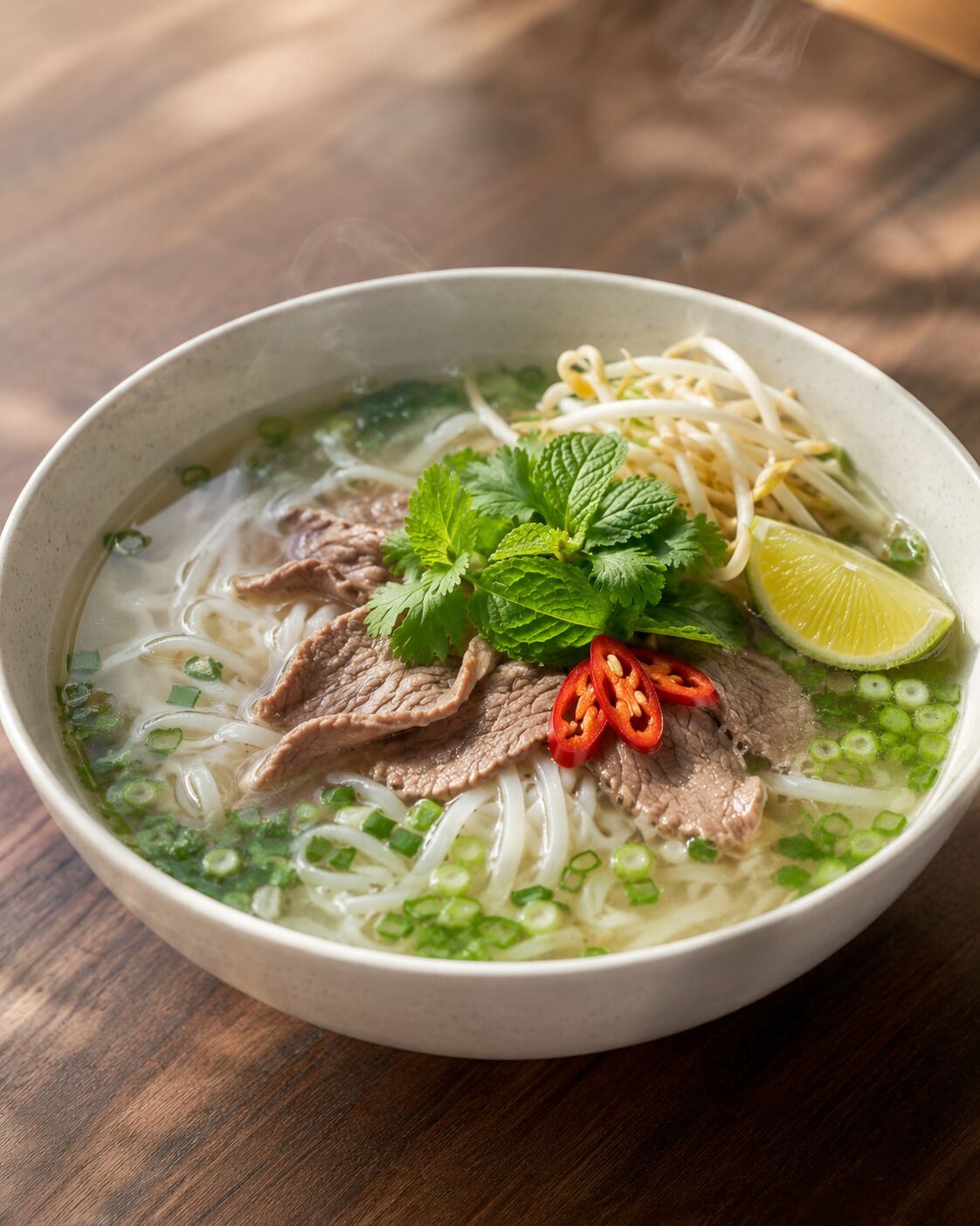 A bowl of noodle soup with beef, lime, and herbs.