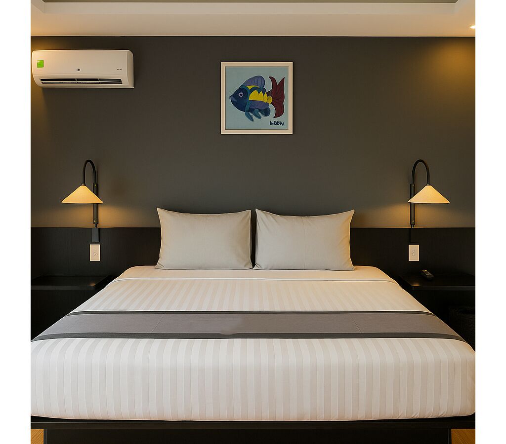 Standard dubbelrum - utsikt mot innergården | Värdeförvaringsskåp på rummet, skrivbord och arbetsyta för laptop