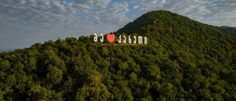 A sign with text on a hilltop, surrounded by dense forest.