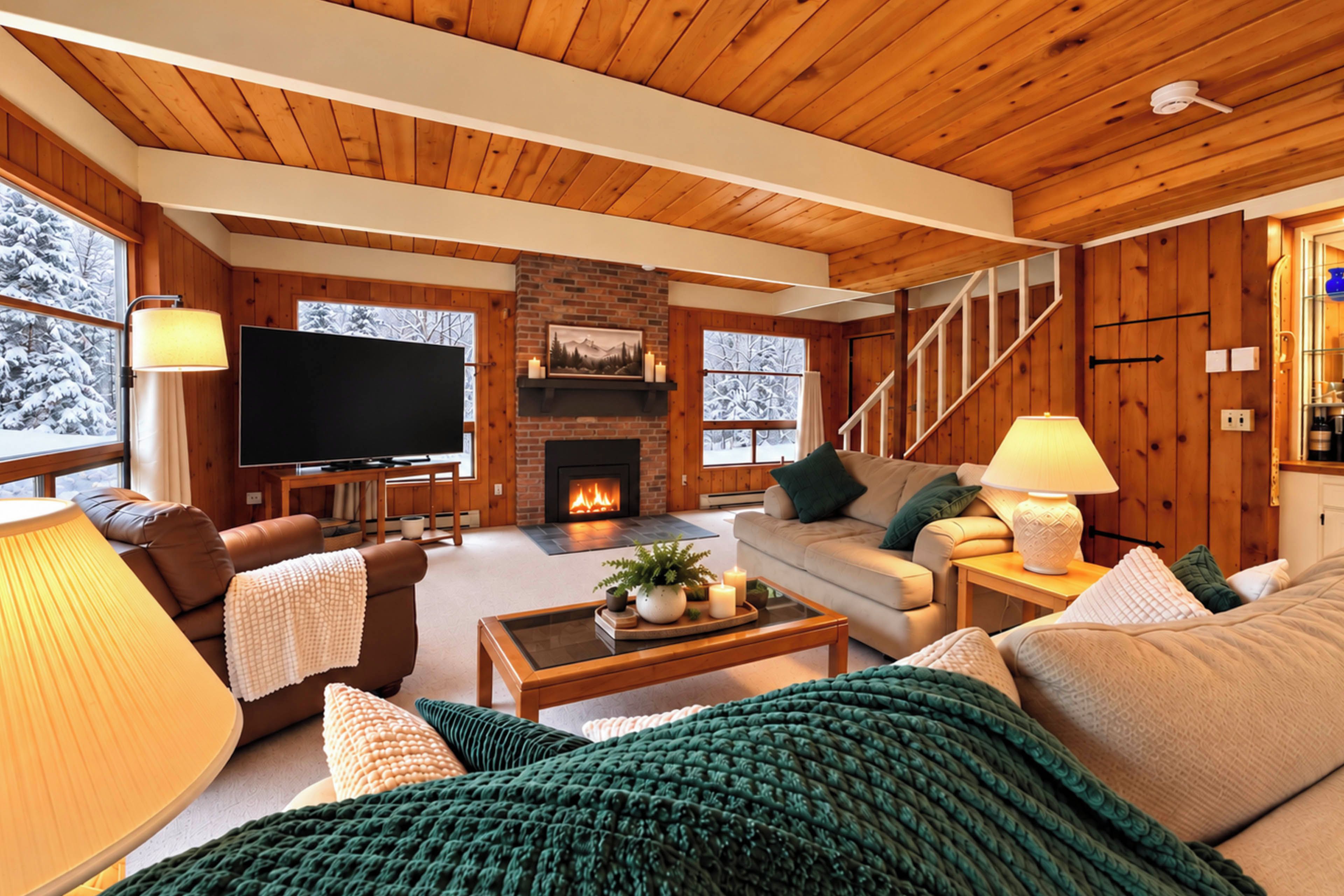 A cozy living room with a fireplace, wooden walls, and a television.