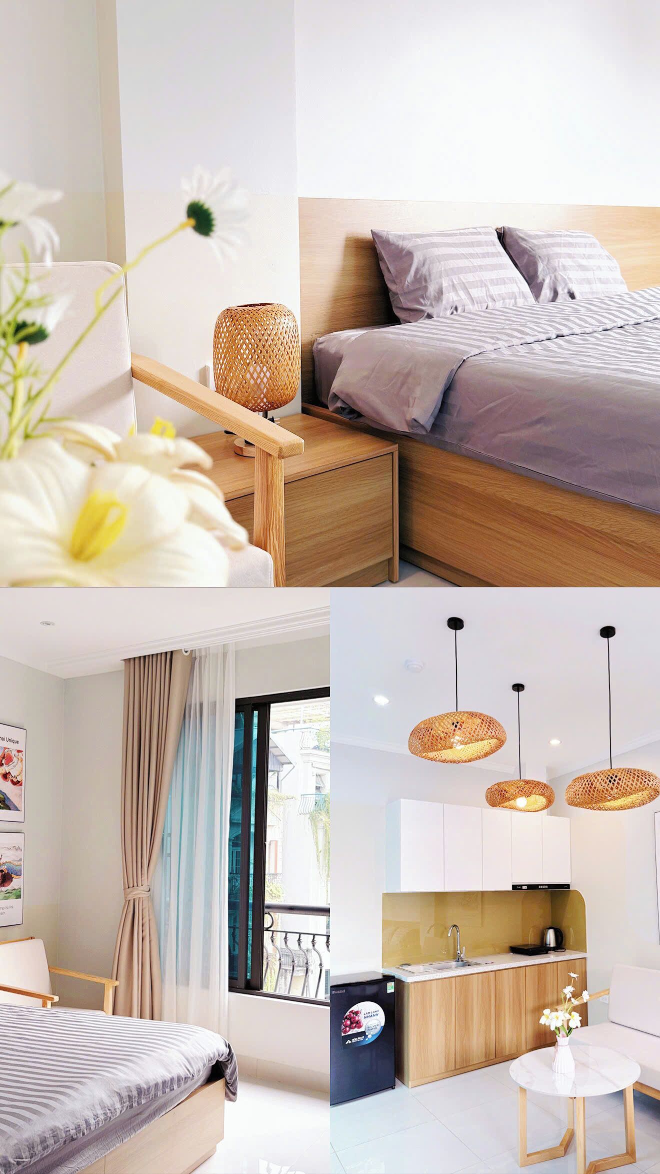 A modern bedroom with a wooden headboard, a bedside table with a woven lamp, and a bed with striped bedding.