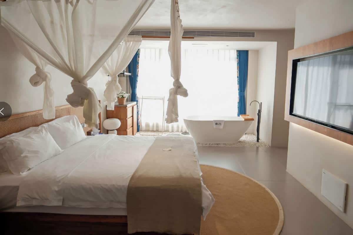Un dormitorio con una cama grande, una bañera y un televisor.