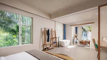 Desk, laptop workspace, blackout curtains, free WiFi