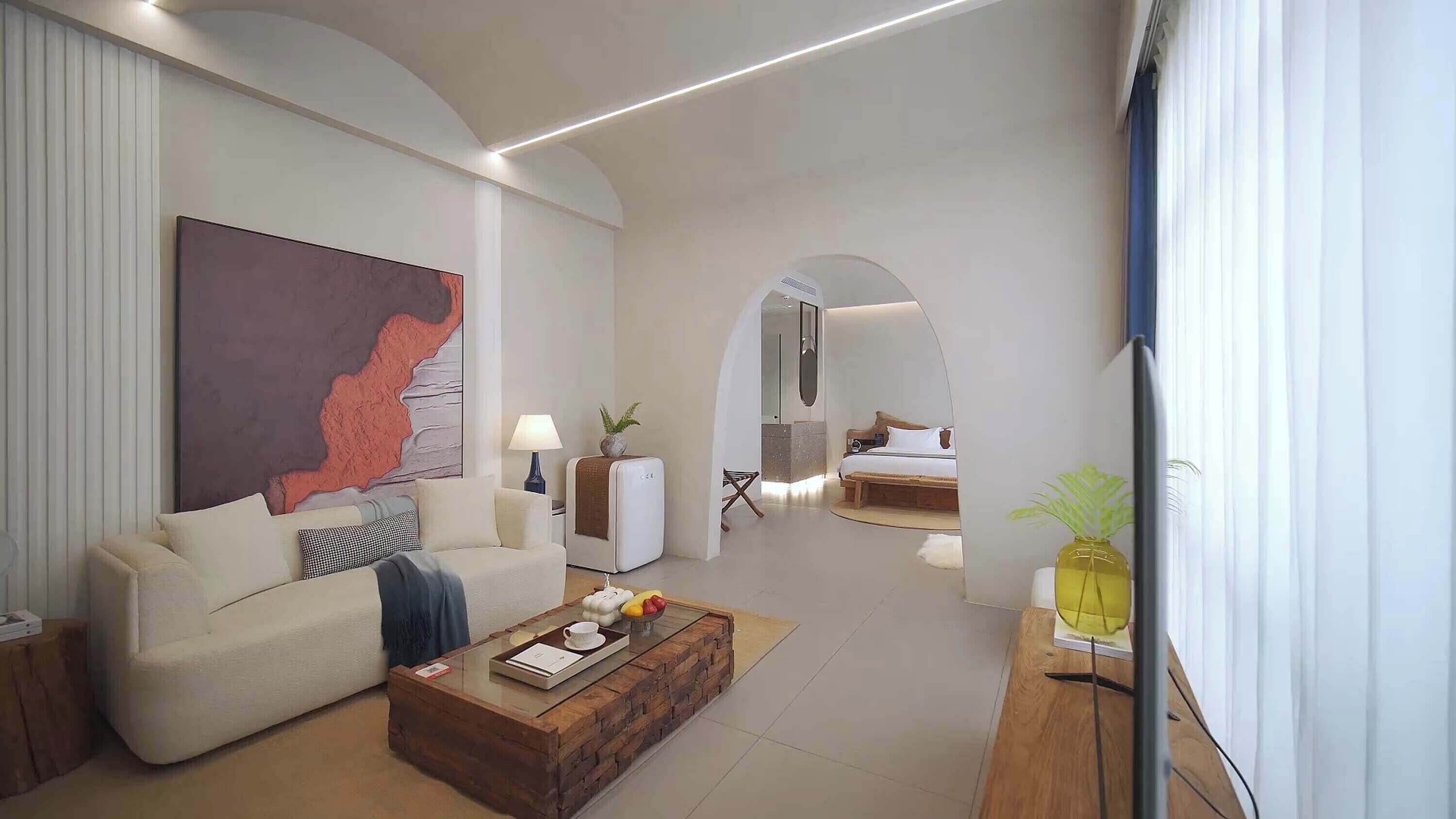 Luksus-dobbeltrom, bakgårdsutsikt | Skrivebord, skrivebord for bærbar PC og blendingsgardiner