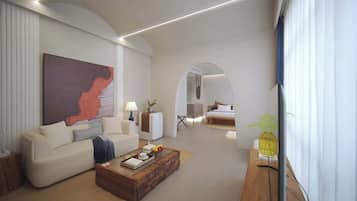 Luksus-dobbeltrom, bakgårdsutsikt | Skrivebord, skrivebord for bærbar PC og blendingsgardiner