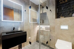 Une salle de bain moderne avec une douche à parois de verre, un meuble-lavabo noir avec un miroir et des toilettes blanches.