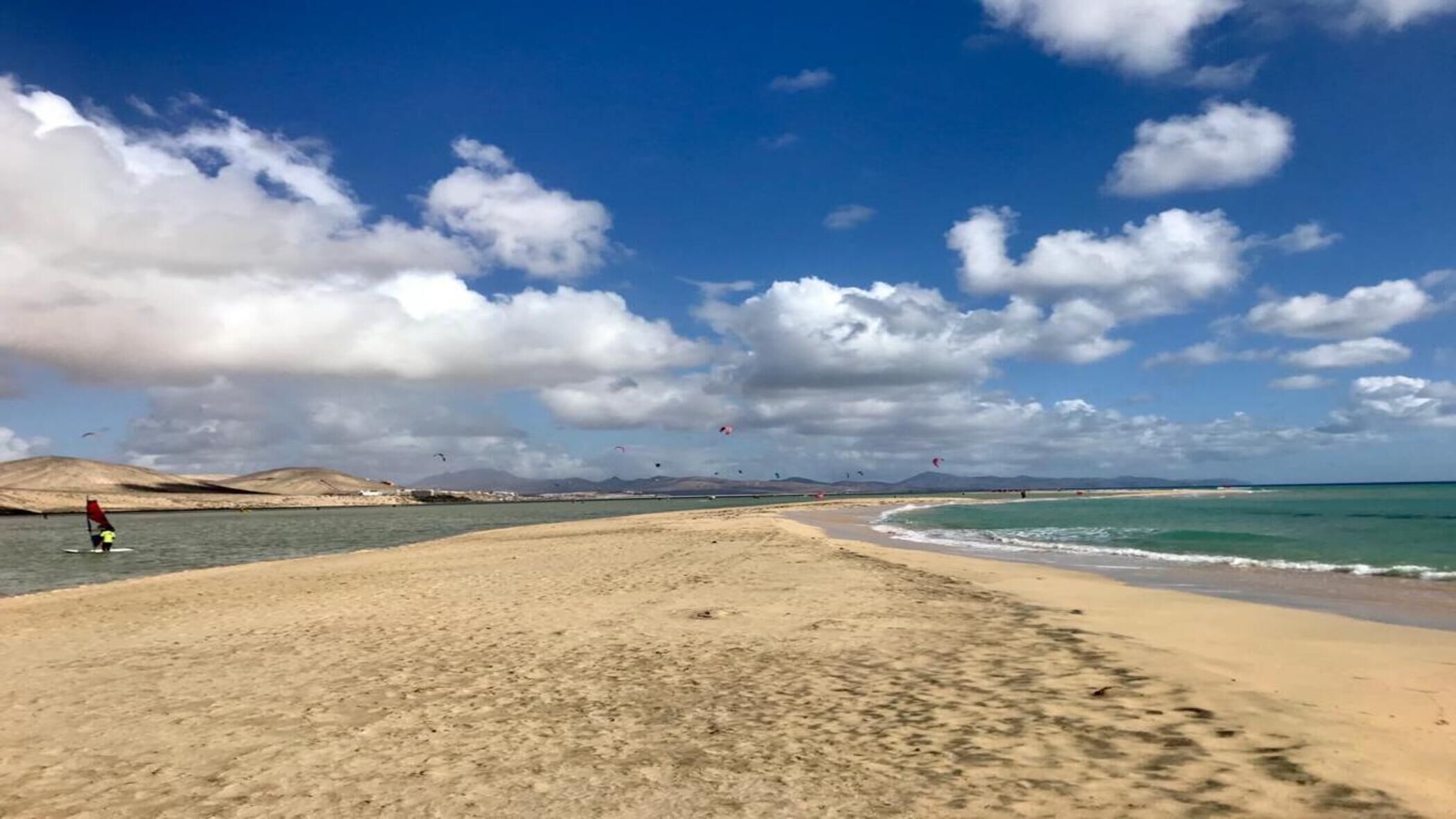A beach with a clear sky and a person windsurfing.
