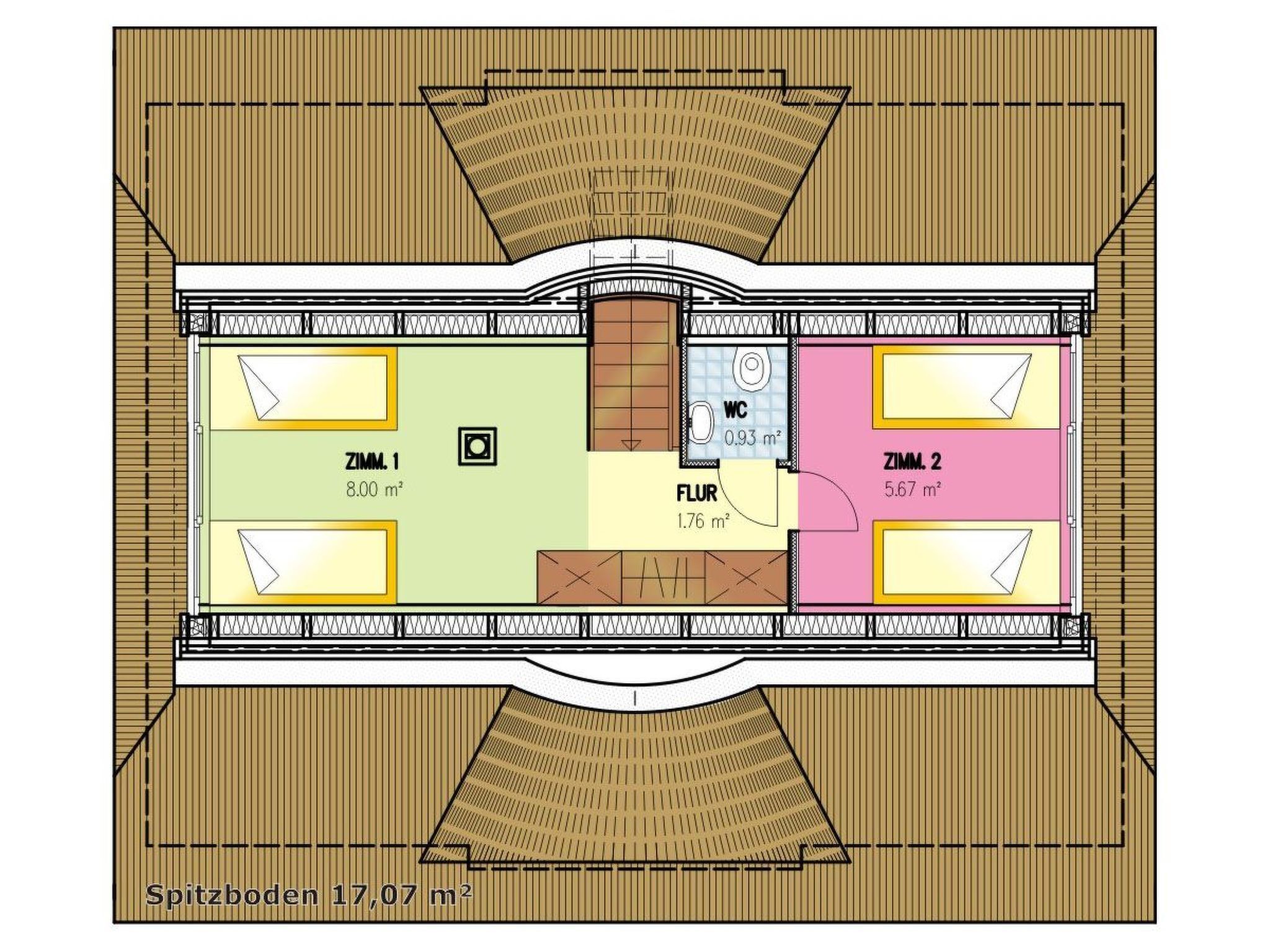 Plan d’étage d’un hôtel comprenant deux chambres, une salle de bain et un hall d’entrée. La chambre 1 mesure 8,00 m², la chambre 2 mesure 5,67 m² et la salle de bain mesure 0,93 m². La superficie totale est de 17,07 m².