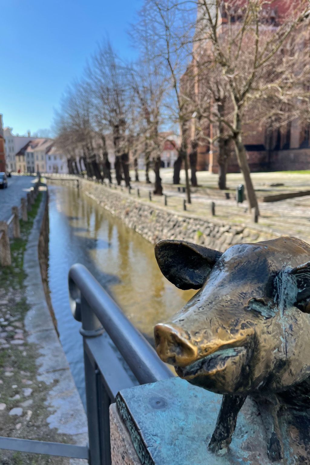Un canal con barandilla metálica y una escultura de bronce de un cerdo.
