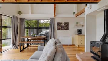 Smart TV, fireplace, books