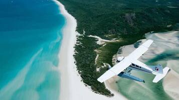 An aerial view of a beach with a small airplane on the sand.