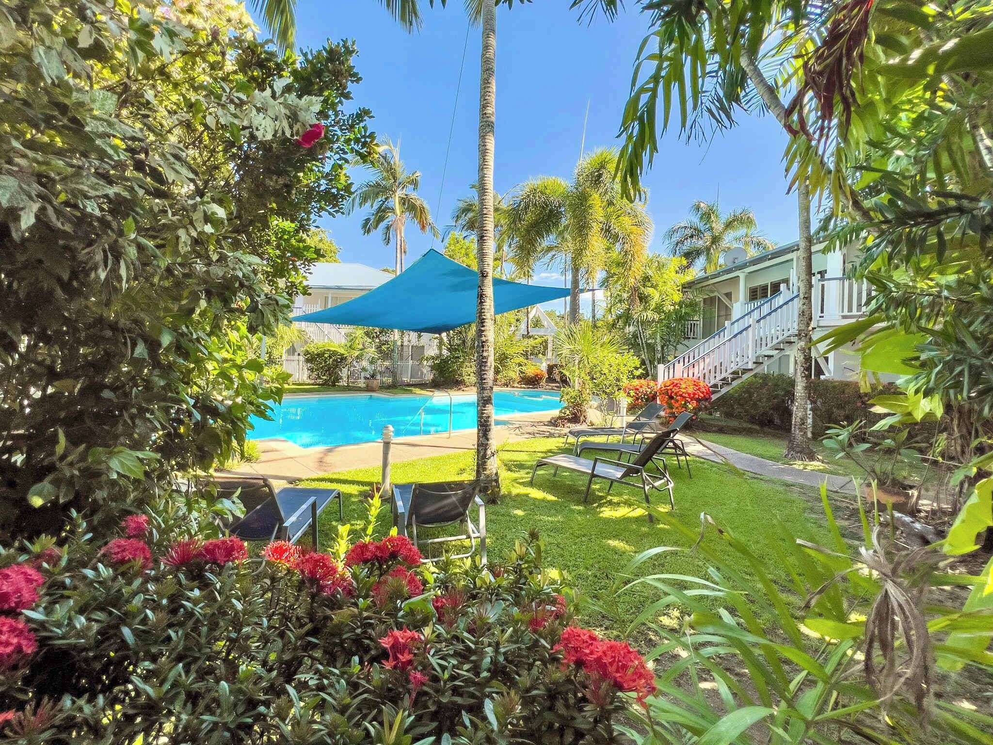 A pool area with lounge chairs, a blue canopy, and tropical vegetation.