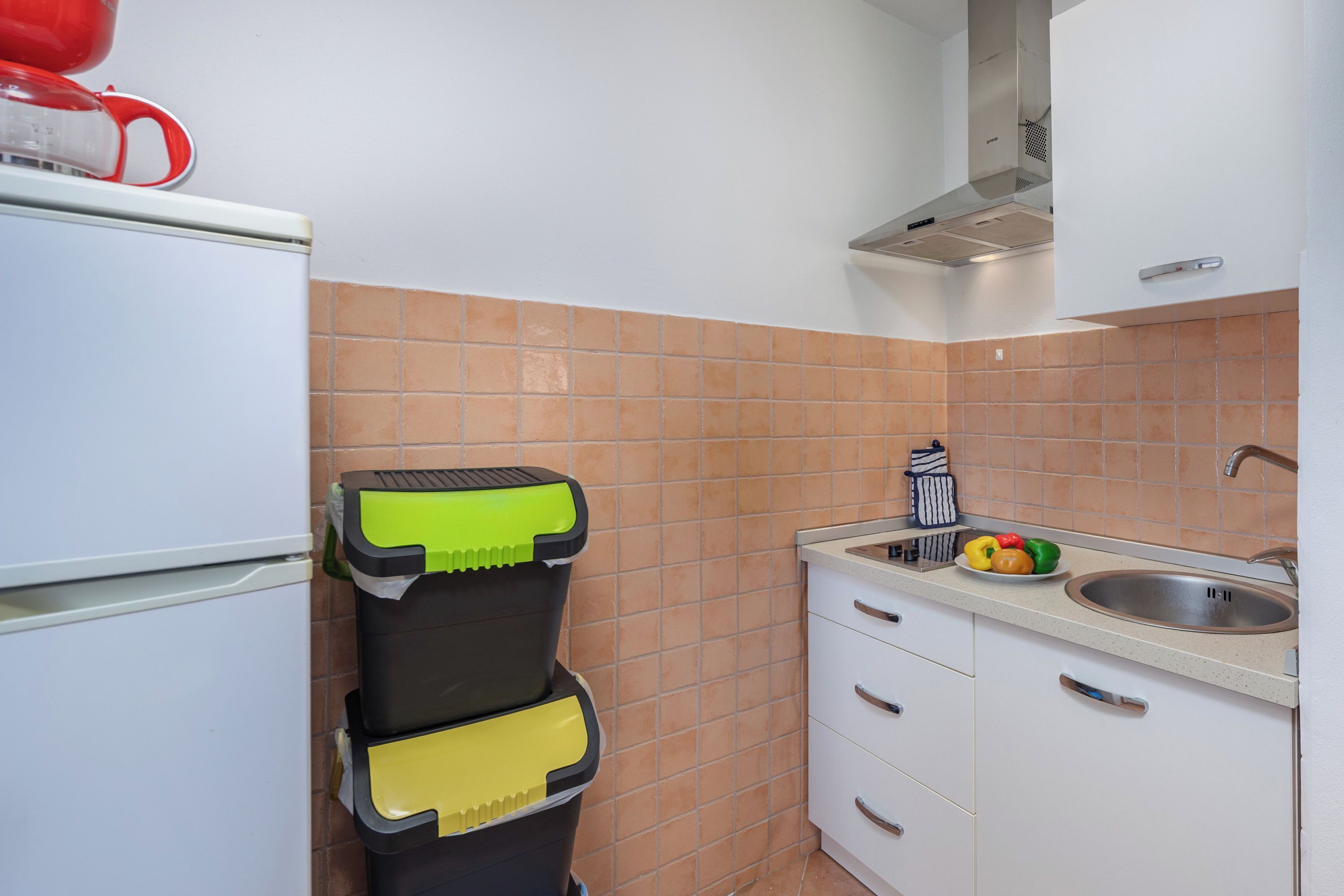 A compact kitchen with a white refrigerator, a sink, and a small countertop.