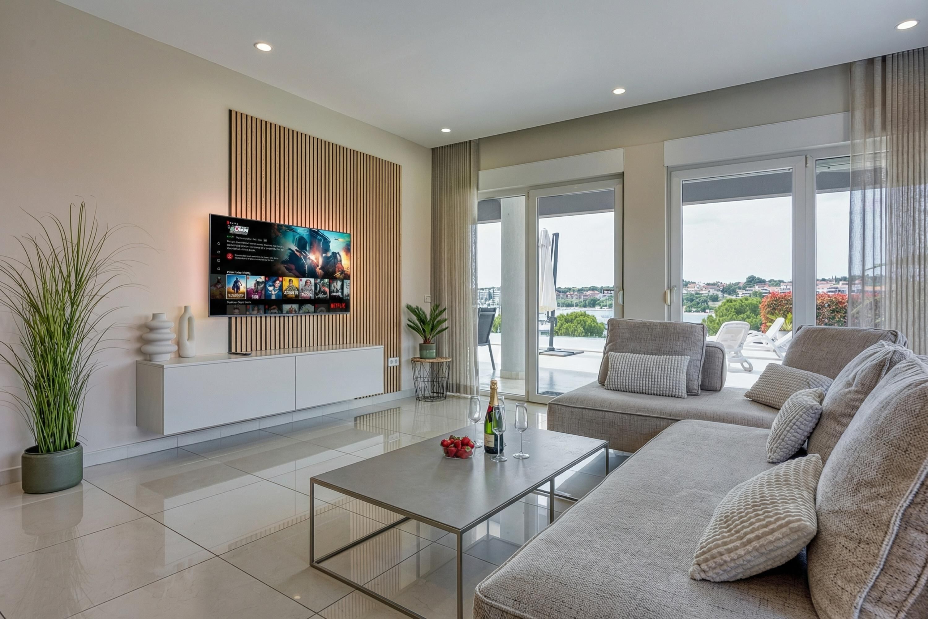 Appartement Familial, plusieurs chambres, 2 salles de bains (Elegant Panoramic Seaview Apartment 2) | Coin séjour | Télévision à écran plat de 21 pouces avec chaînes numériques
