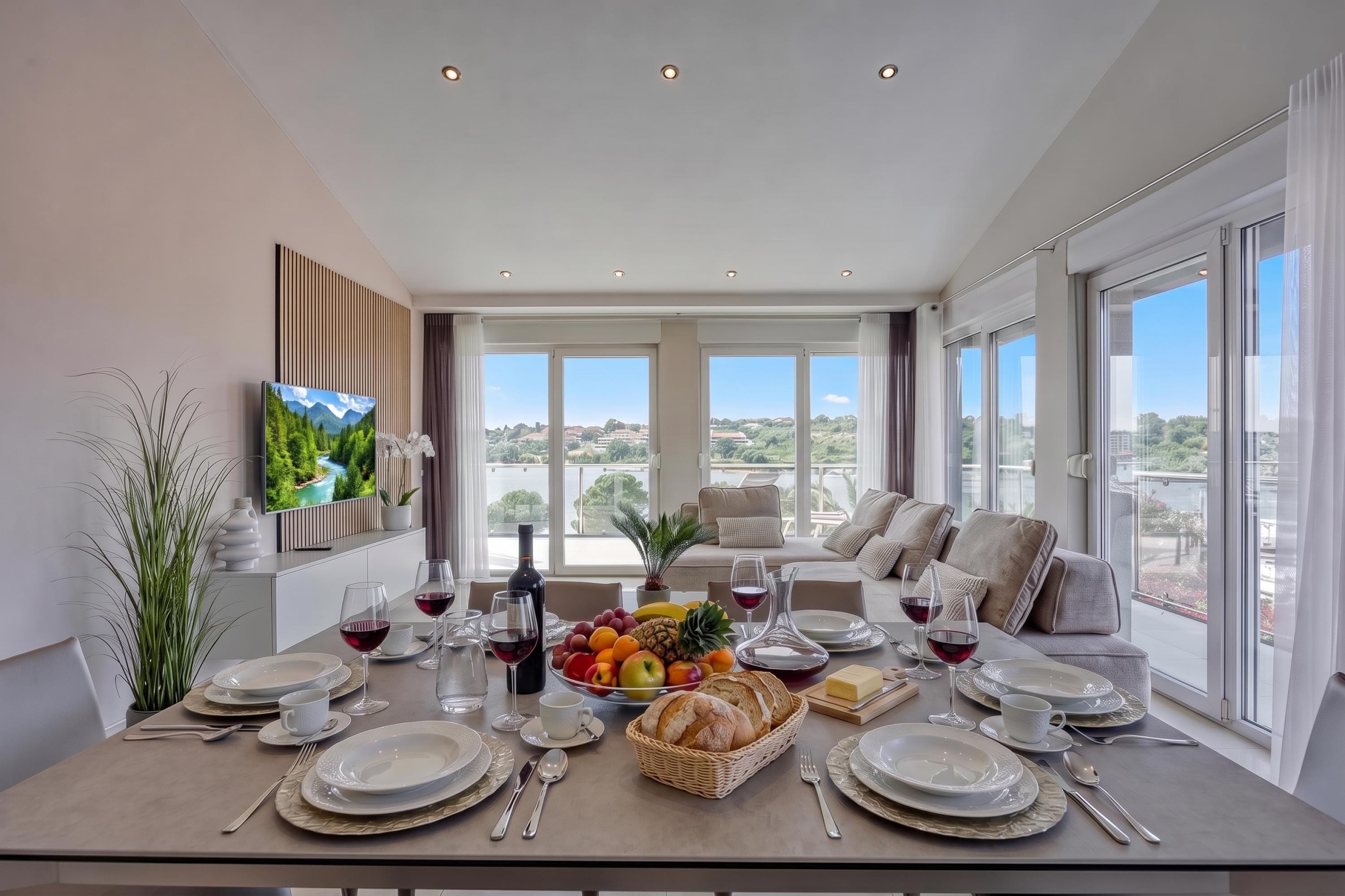 Comedor con mesa dispuesta para seis personas, televisor en la pared y vistas al exterior.