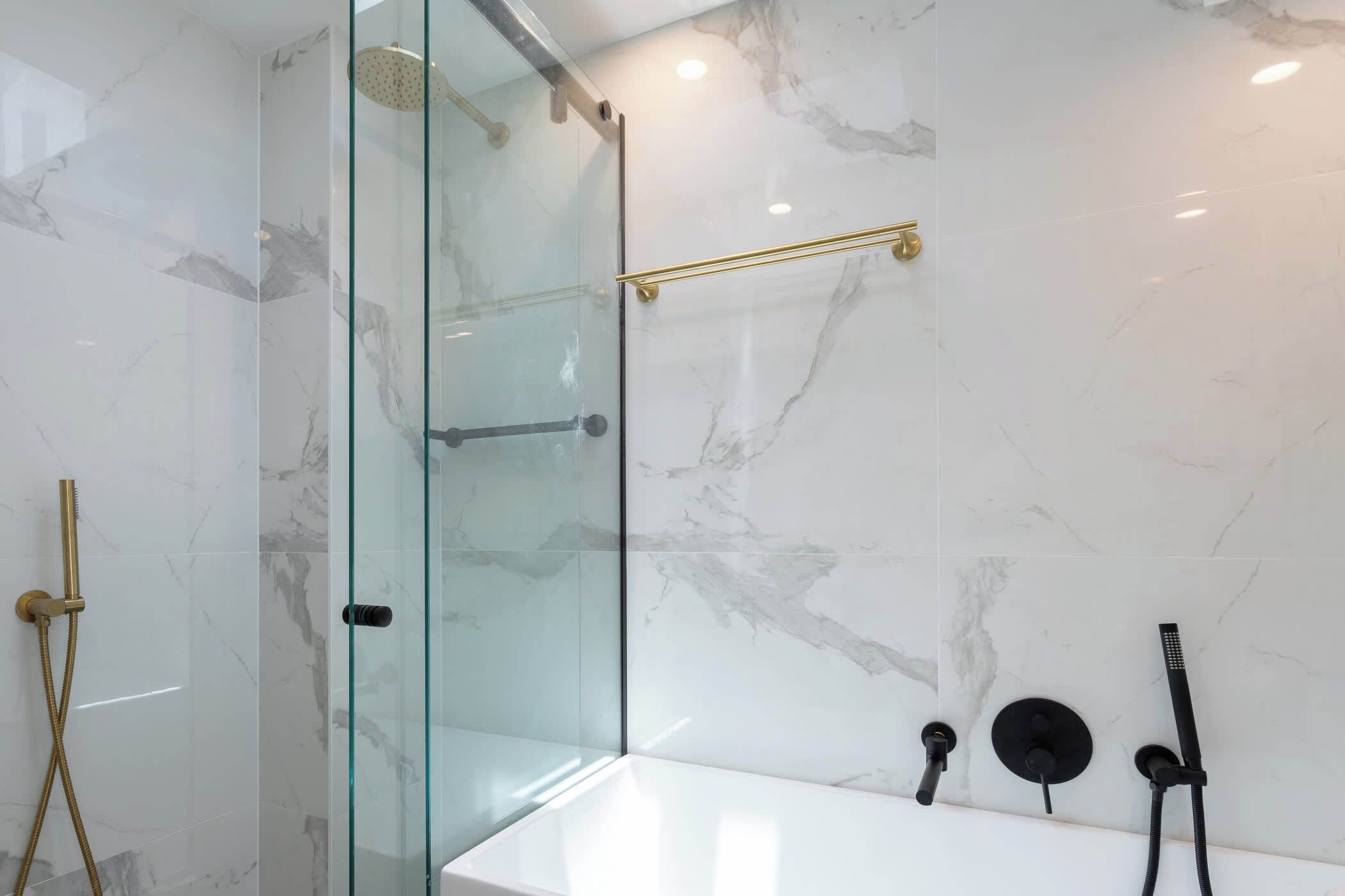 Shower, hair dryer, shampoo