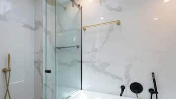 Shower, hair dryer, shampoo