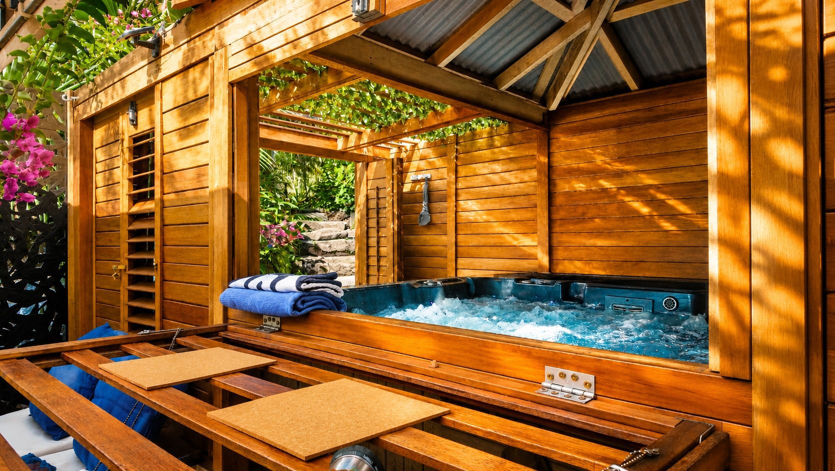 Ett spaområde i trä med ett bubbelbad, träbänkar och en pergola som är övervuxen med grönska.