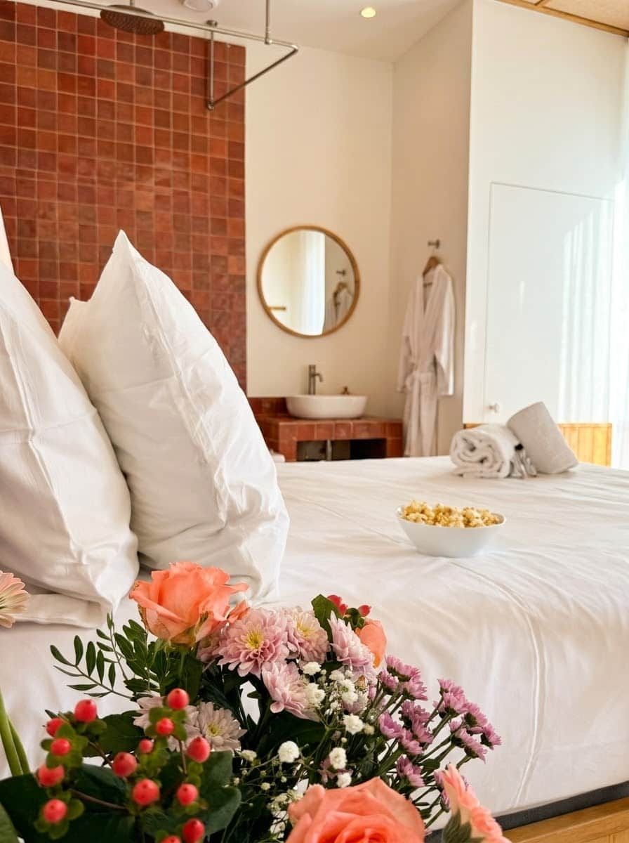 Une chambre d’hôtel avec un lit, une salle de bain et un miroir.