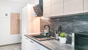 Une cuisine moderne avec un évier noir, des appareils en acier inoxydable et des meubles en bois.
