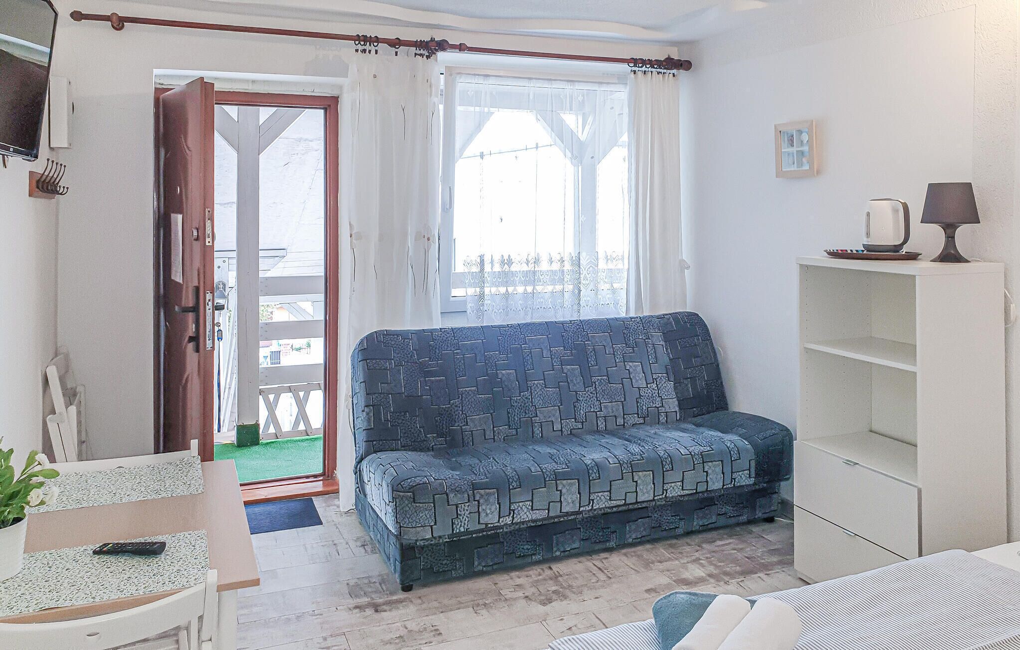 A living room with a blue patterned sofa, a white shelving unit, and a door leading outside.