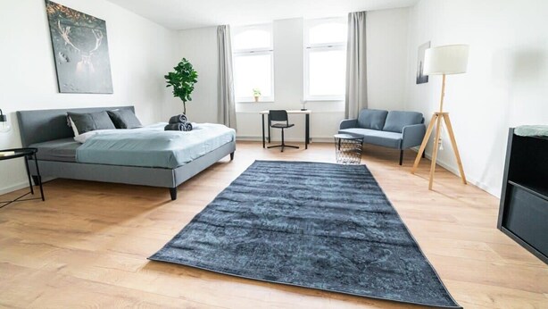 Et moderne soveværelse med seng, skrivebord, stol, sofa og gulvlampe.
