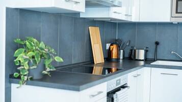 Kühlschrank, Ofen, Herdplatte, Wasserkocher mit Kaffee-/Teezubehör