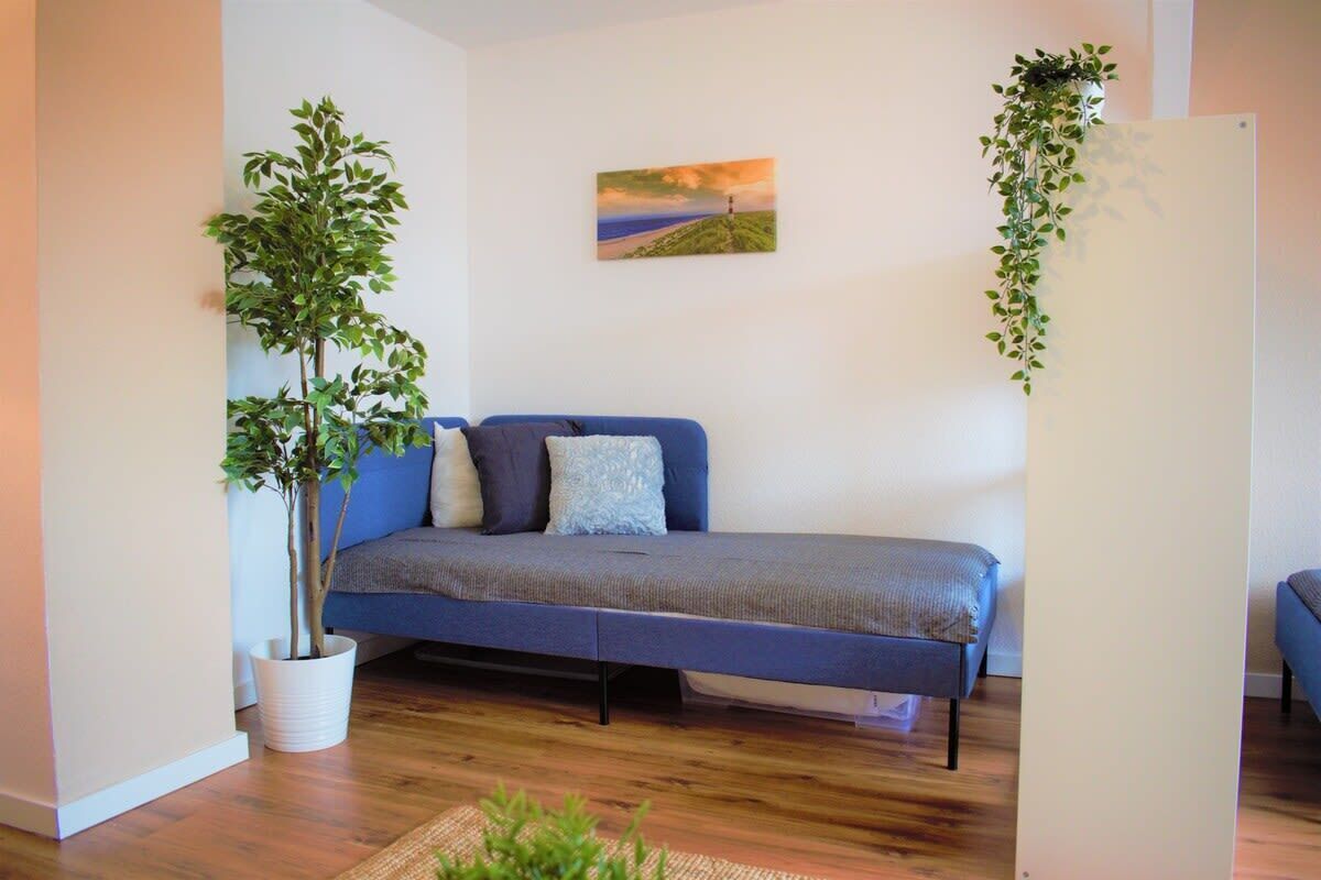 A modern bedroom with a blue sofa bed, a large potted plant, and a painting on the wall.
