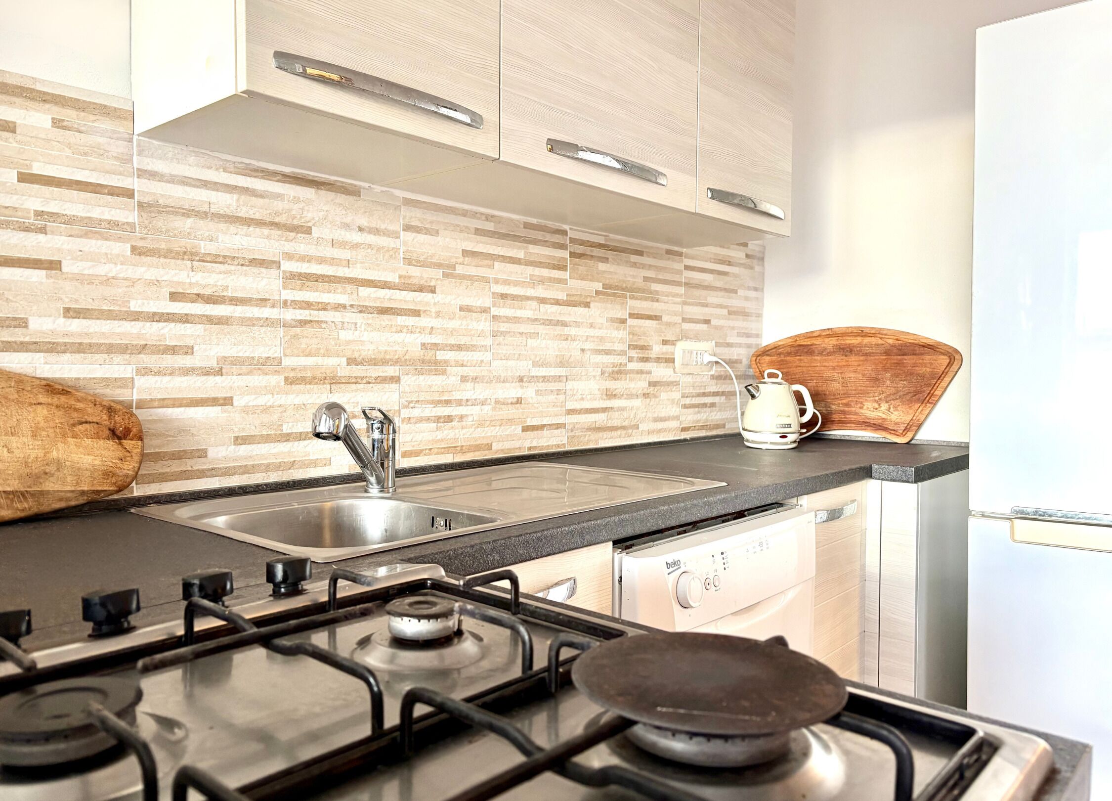 Réfrigérateur, micro-ondes, plaque de cuisson, lave-vaisselle