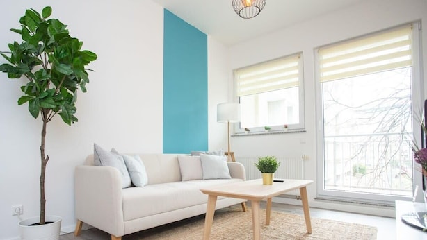 Un salon moderne avec un canapé blanc, une table basse, une plante en pot et une grande fenêtre équipée de stores.