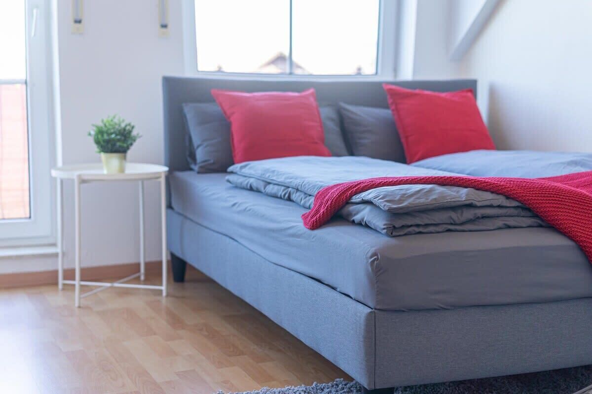 Ein modernes Schlafzimmer mit einem grauen Bett, roten Kissen und einem kleinen Topf mit Pflanze auf einem weißen Nachttisch.