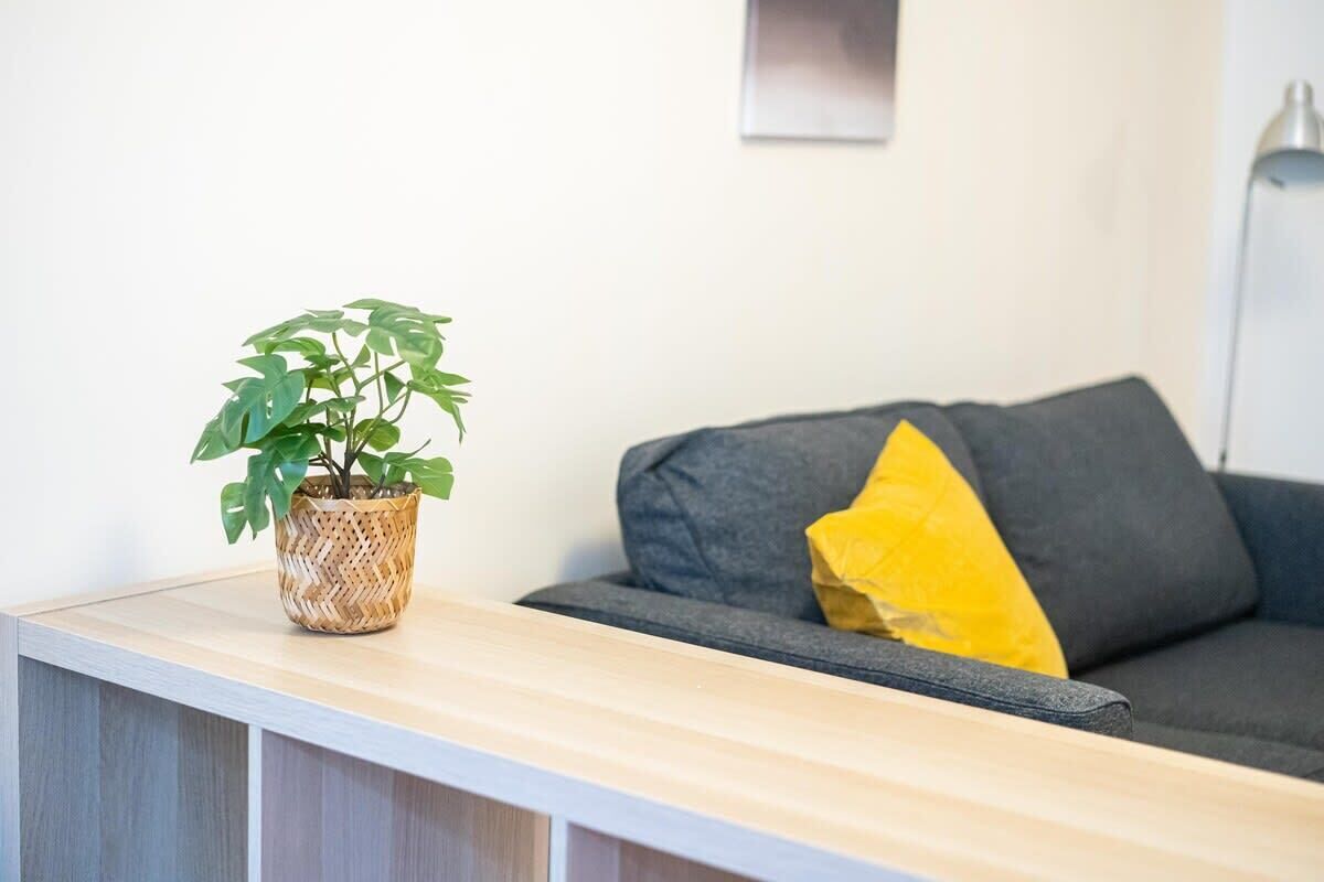 A living room with a grey sofa, a yellow pillow, and a potted plant on a wooden console table.