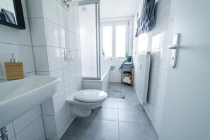 Ducha, secador de pelo, toallas y papel higiénico