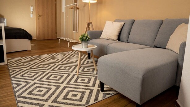 Ein modernes Wohnzimmer mit einem grauen Sofa, einem gemusterten Teppich, einem kleinen Beistelltisch mit einer Pflanze und einer Stehlampe.