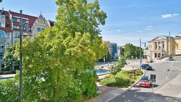 Straatbeeld met een grote boom, gebouwen en een weg.