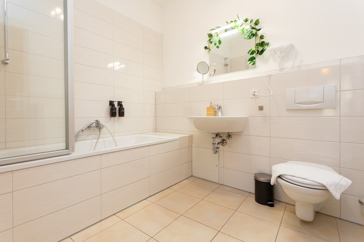 Shower, hair dryer, towels, toilet paper